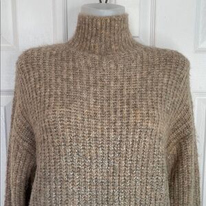 ZARA LONG BEIGE HEATHERED FOIL KNIT TURTLENECK METALLIC SWEATER SZ SMALL